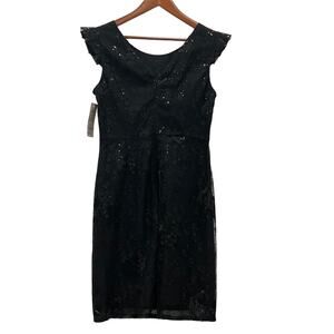 Nanette Lepore Womens Size 4 Black Embroidered Sequin Flutter Sleeve Dress‎ NWT